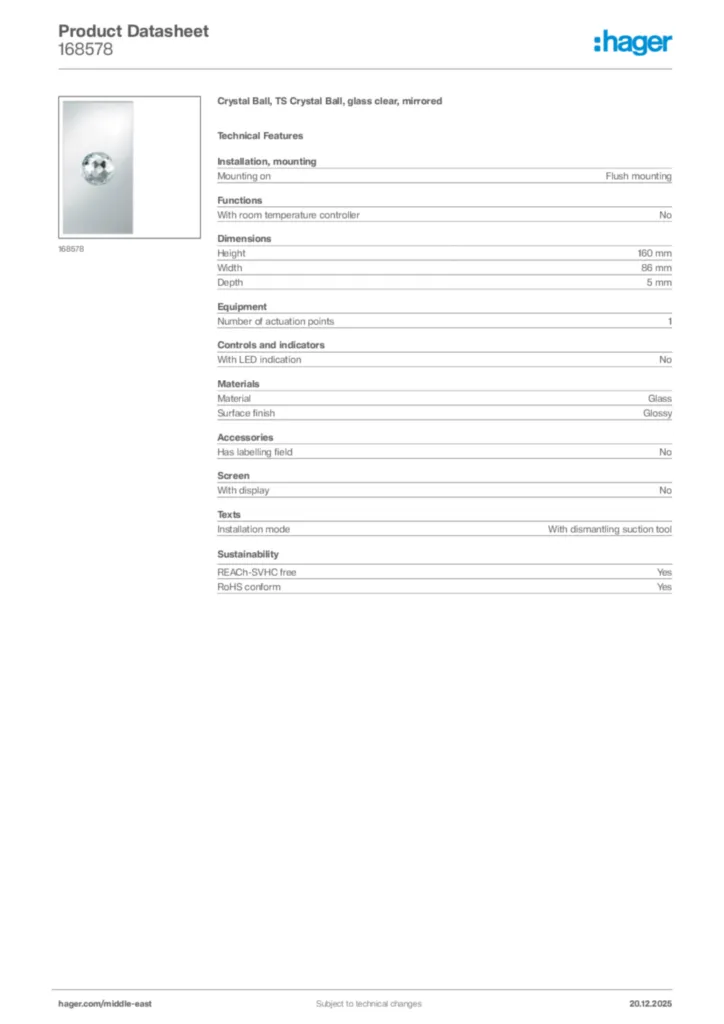 Image Hager Product data sheet 168578  | Hager