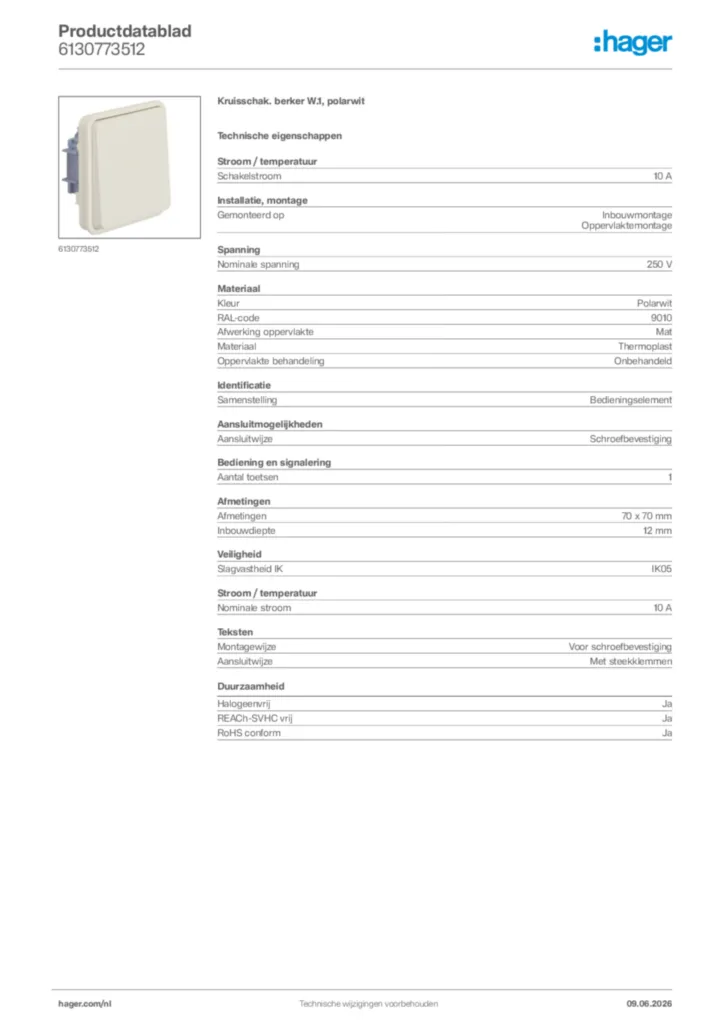Afbeelding Hager Productdatablad 6130773512 | Hager Nederland