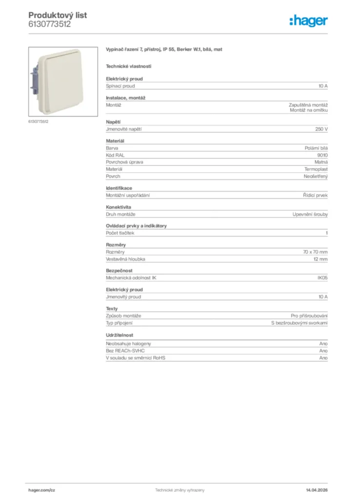 Obrázek Hager Product data sheet 6130773512 | Hager