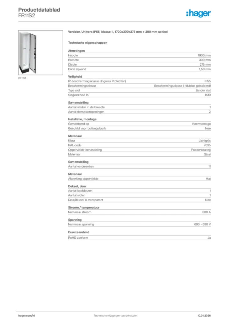 Afbeelding Hager Productdatablad FR11S2 | Hager Nederland