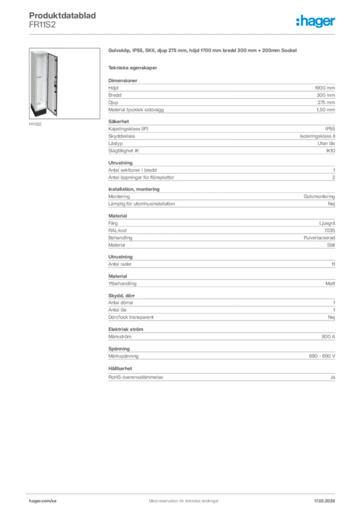 Bild Hager Produktdatablad FR11S2 | Hager Sverige