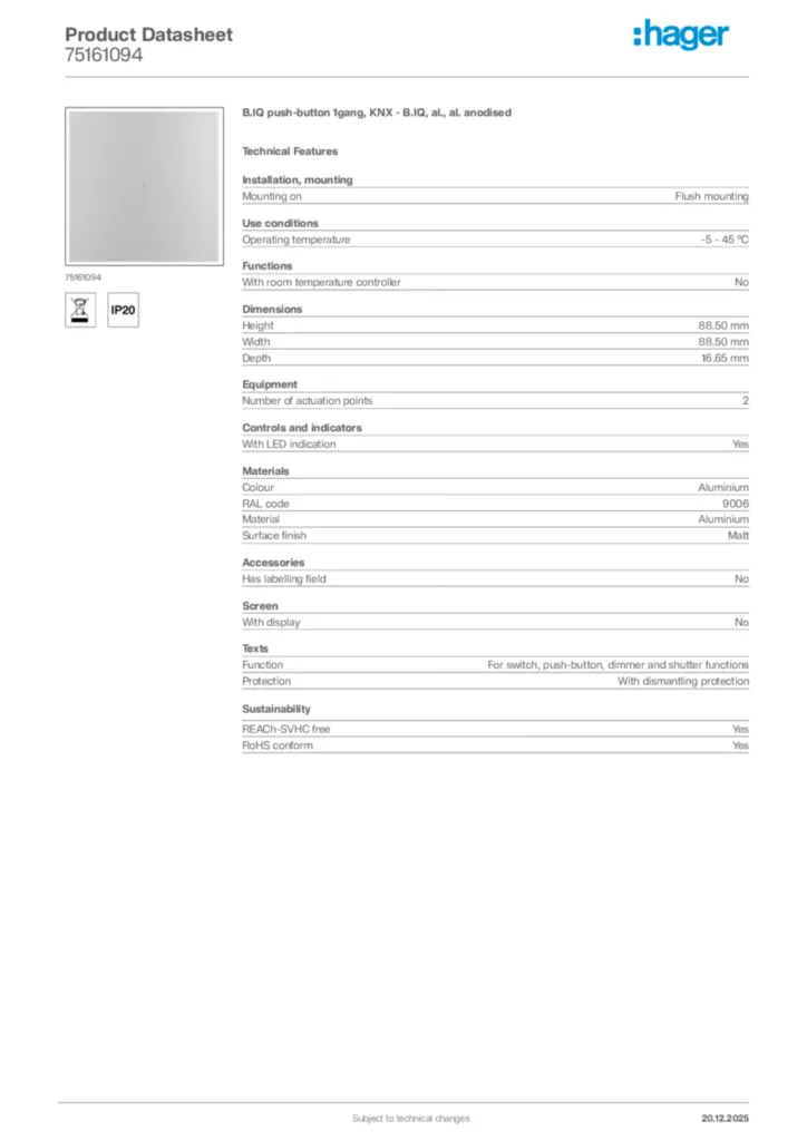 Image Hager Product data sheet 75161094  | Hager Africa