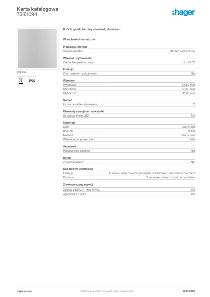 Zdjęcie Hager Karta katalogowa 75161094 | Hager Polska