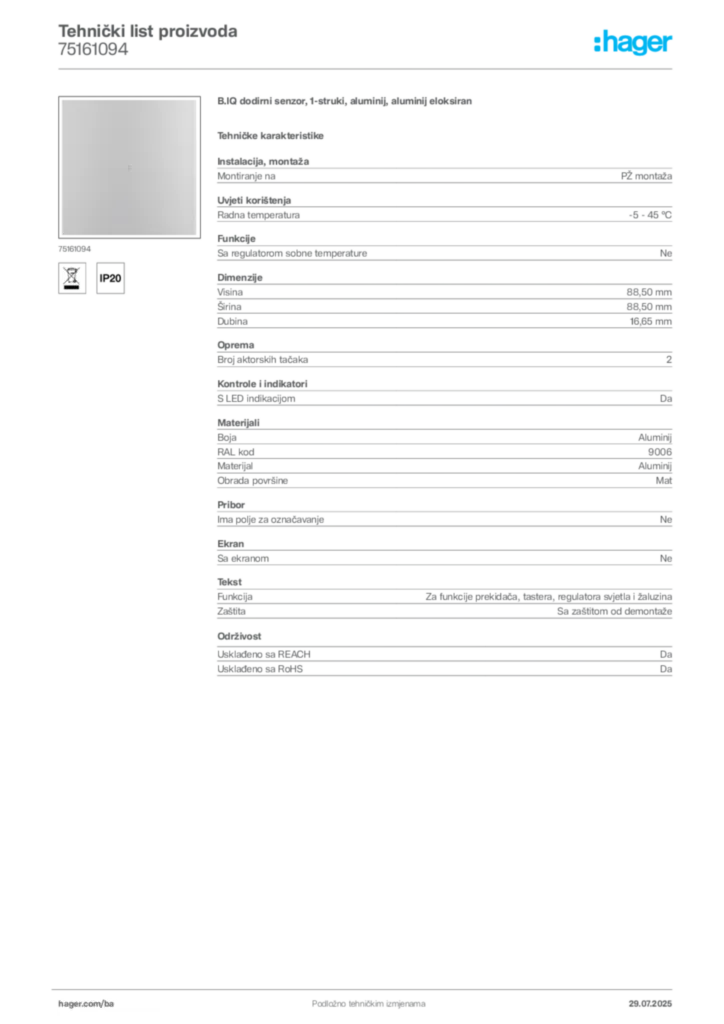 Slika Hager Product data sheet 75161094  | Hager