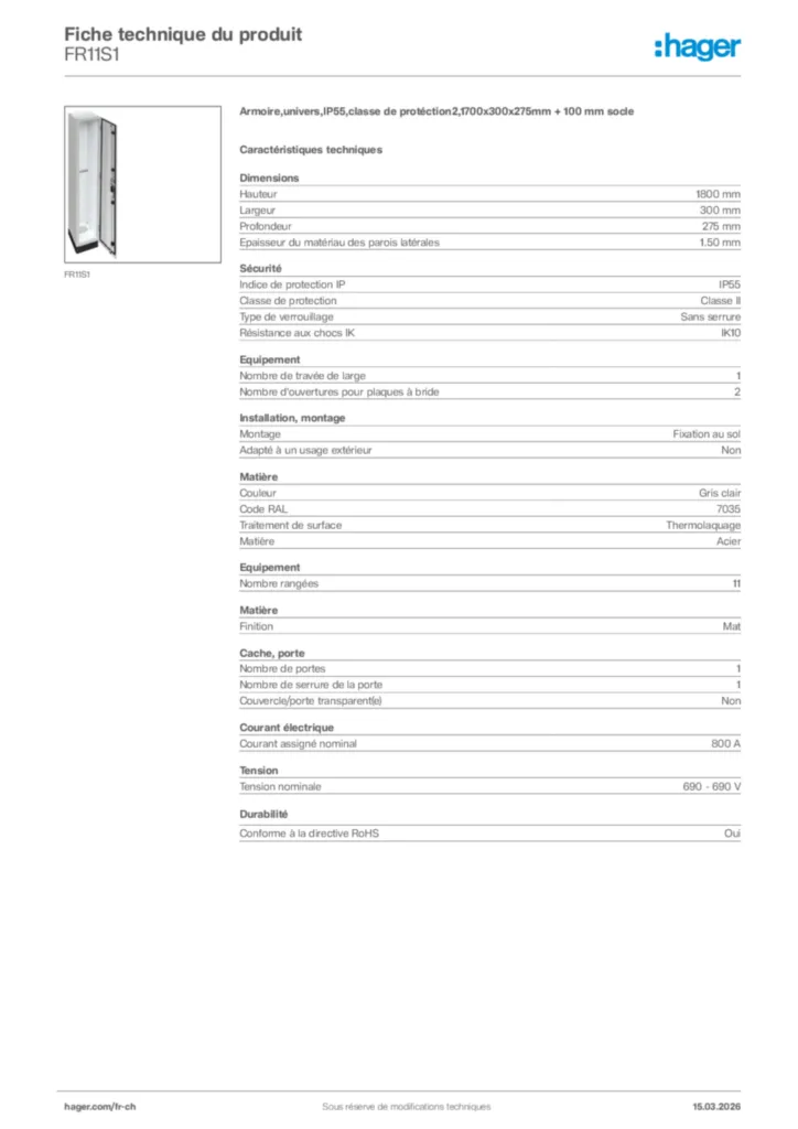 Image Hager Fiche technique du produit FR11S1 | Hager Suisse