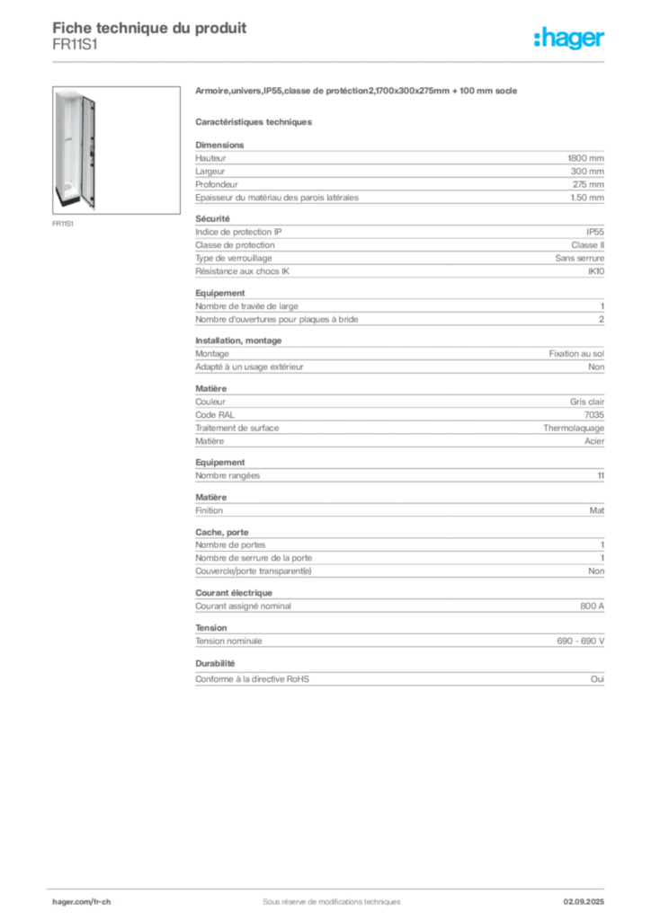 Image Hager Fiche technique du produit FR11S1 | Hager Suisse