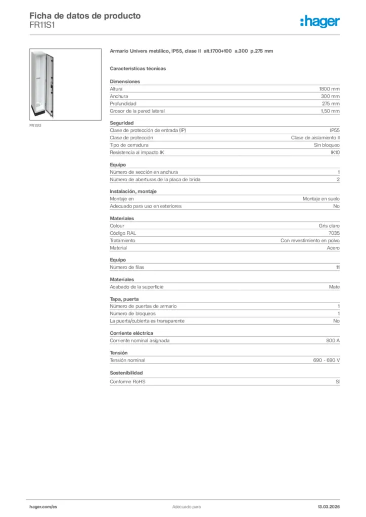 Imagen Hager Ficha de datos de producto FR11S1 | Hager España