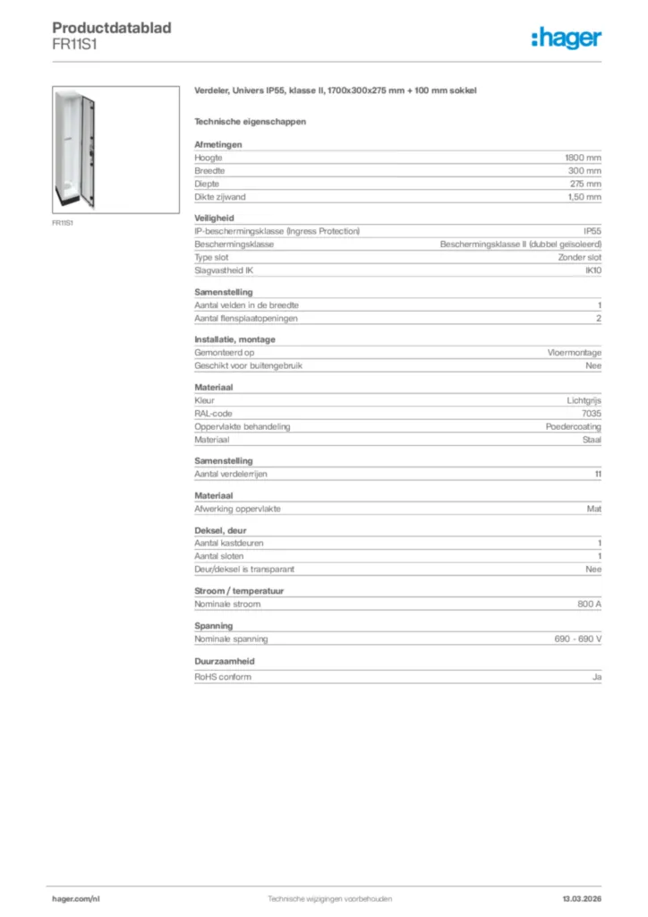 Afbeelding Hager Productdatablad FR11S1 | Hager Nederland