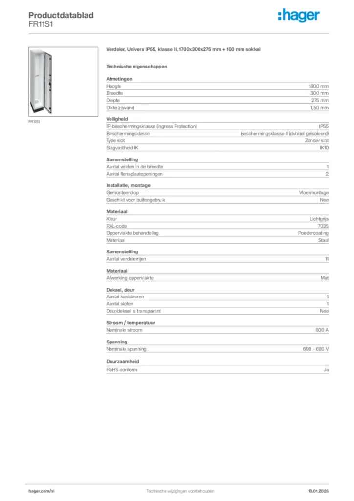 Afbeelding Hager Productdatablad FR11S1 | Hager Nederland