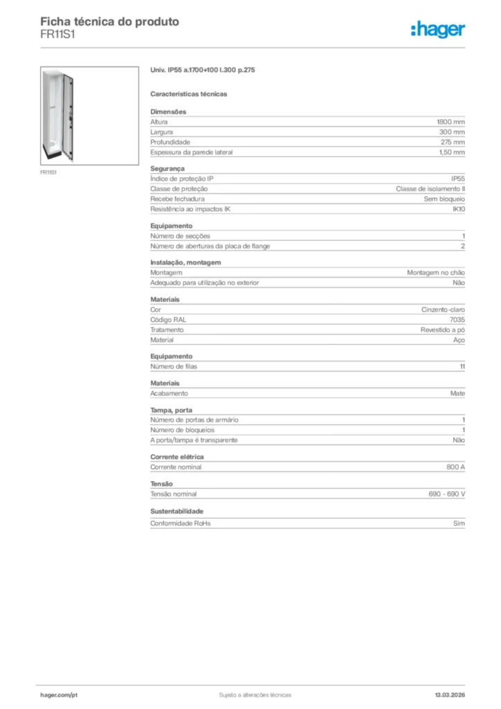 Imagem Hager Ficha técnica do produto FR11S1 | Hager Portugal