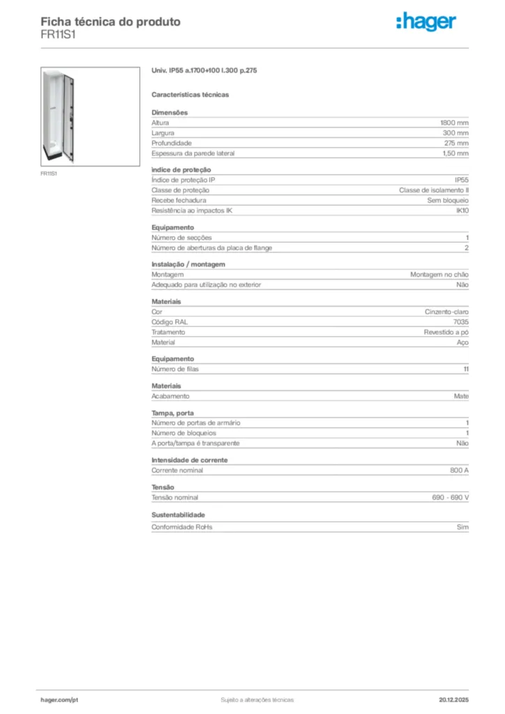 Imagem Hager Ficha técnica do produto FR11S1 | Hager Portugal