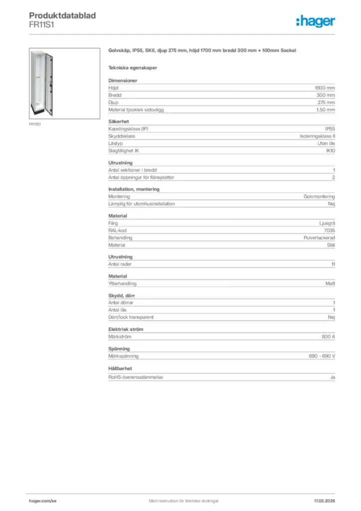 Bild Hager Produktdatablad FR11S1 | Hager Sverige
