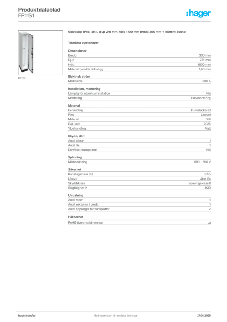 Bild Hager Produktdatablad FR11S1 | Hager Sverige