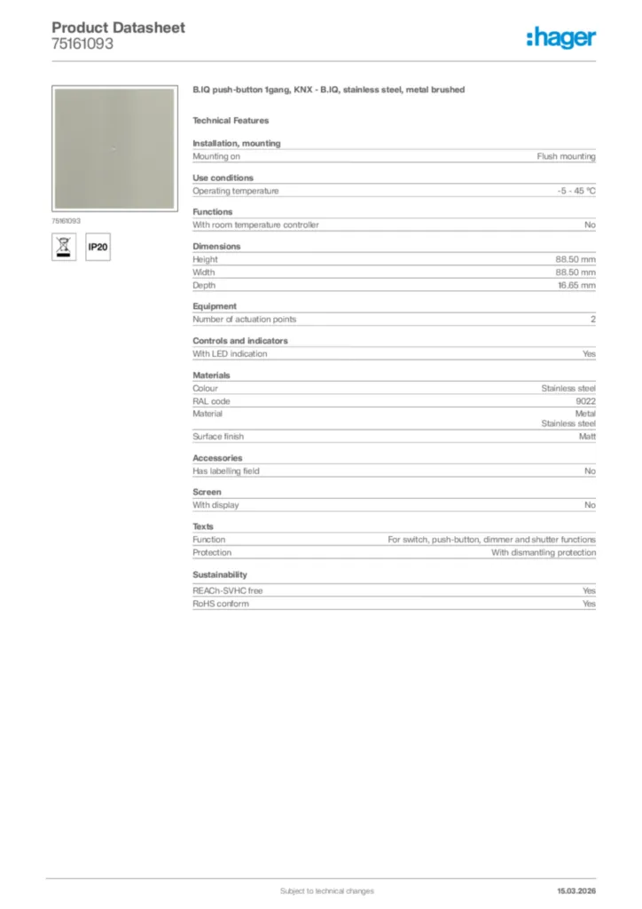 Image Hager Product data sheet 75161093  | Hager Africa
