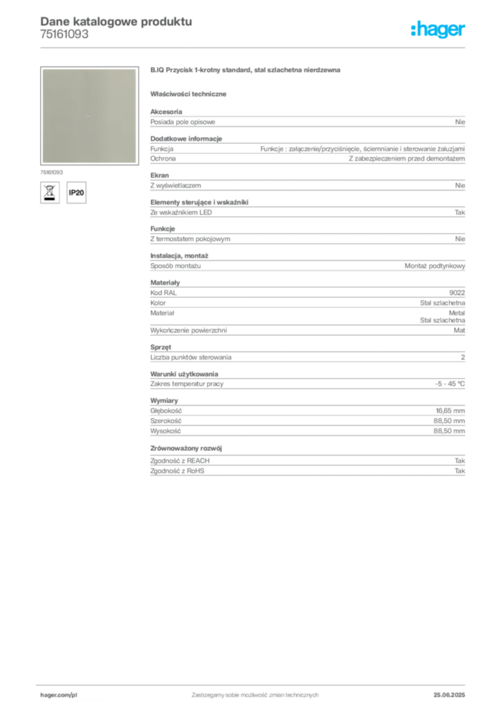 Zdjęcie Hager Karta katalogowa 75161093 | Hager Polska