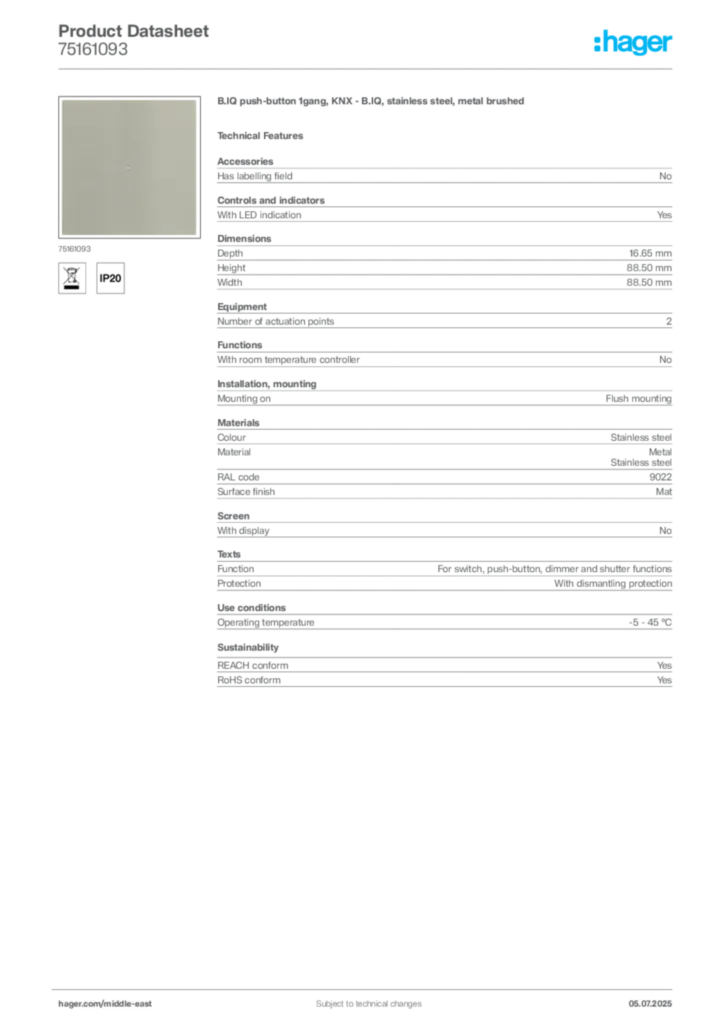 Image Hager Product data sheet 75161093  | Hager