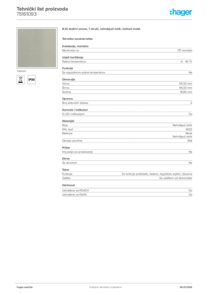 Slika Hager Product data sheet 75161093  | Hager