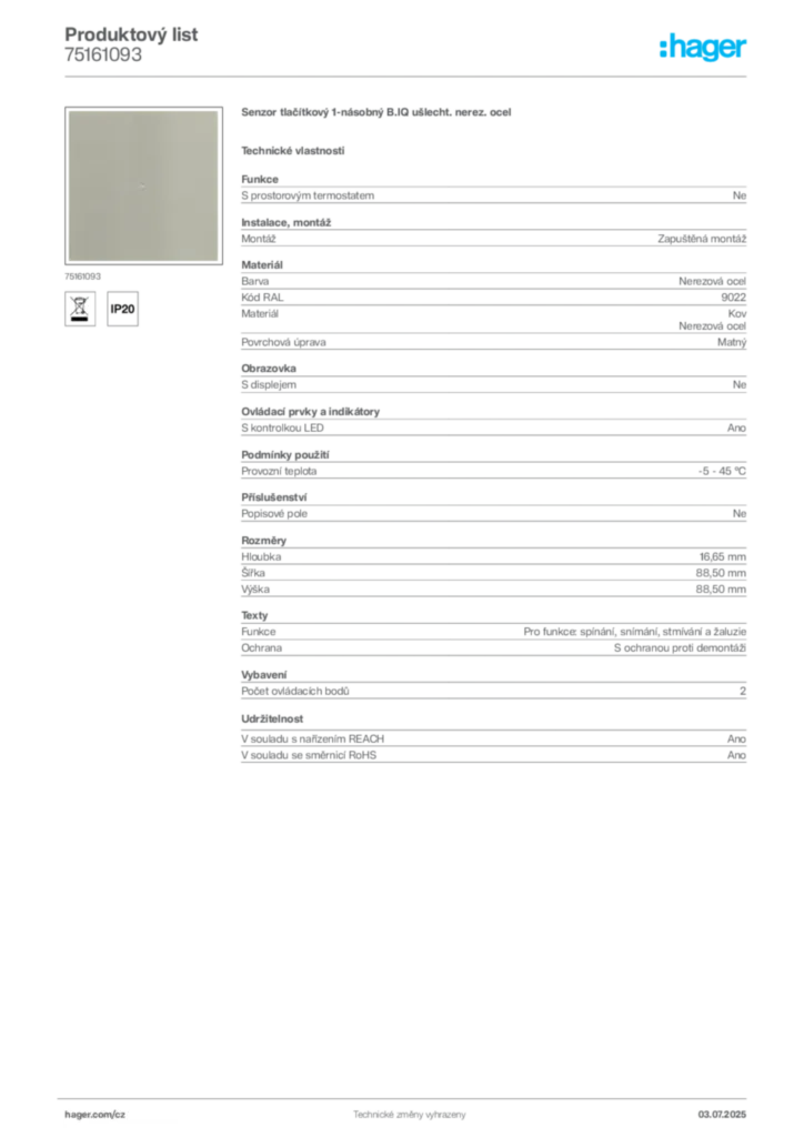 Obrázek Hager Produktový list 75161093 | Hager