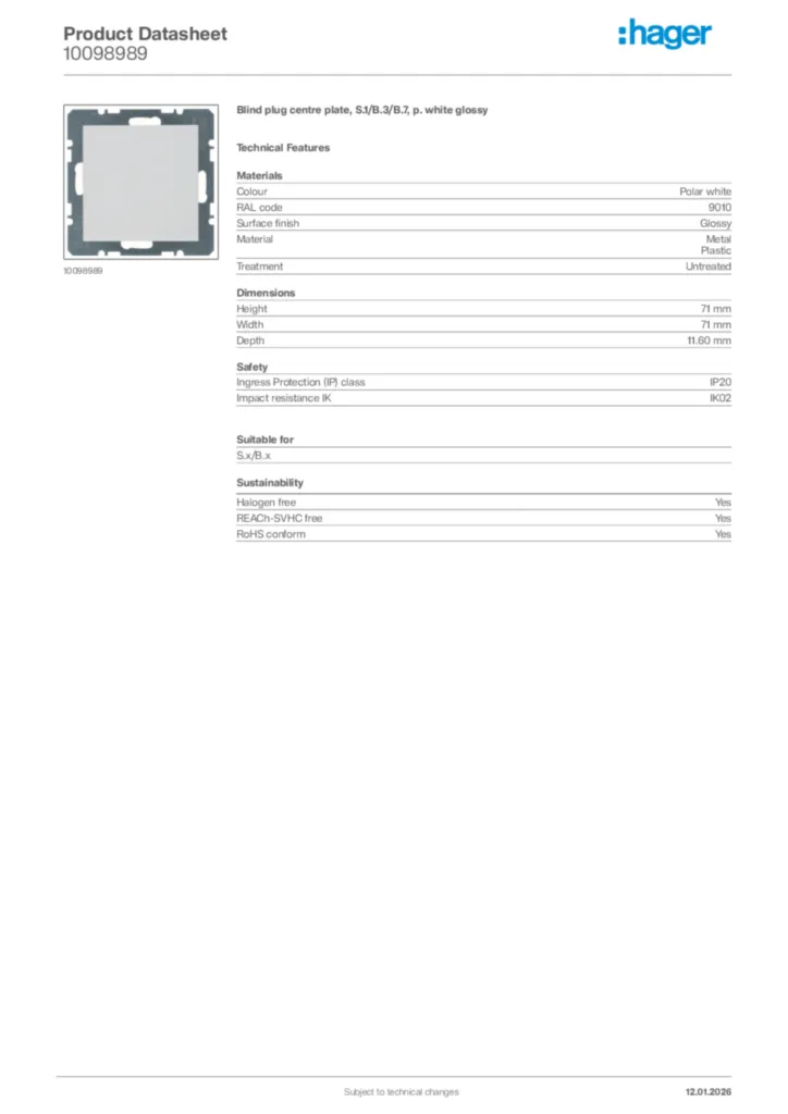 Image Hager Product data sheet 10098989  | Hager