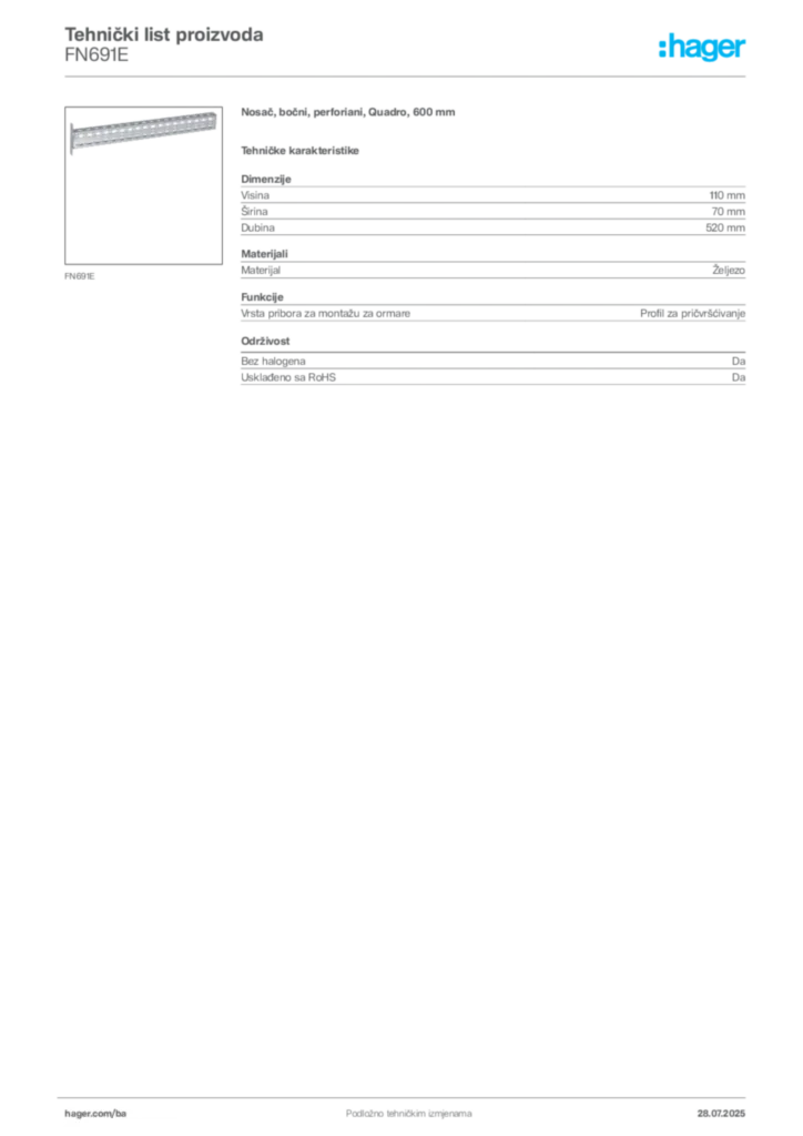 Slika Hager Product data sheet FN691E  | Hager
