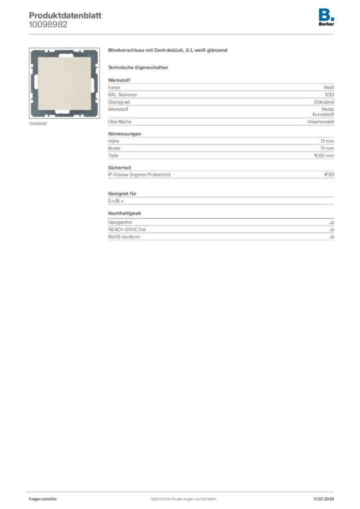 Bild Berker Produktdatenblatt 10098982 | Hager Deutschland