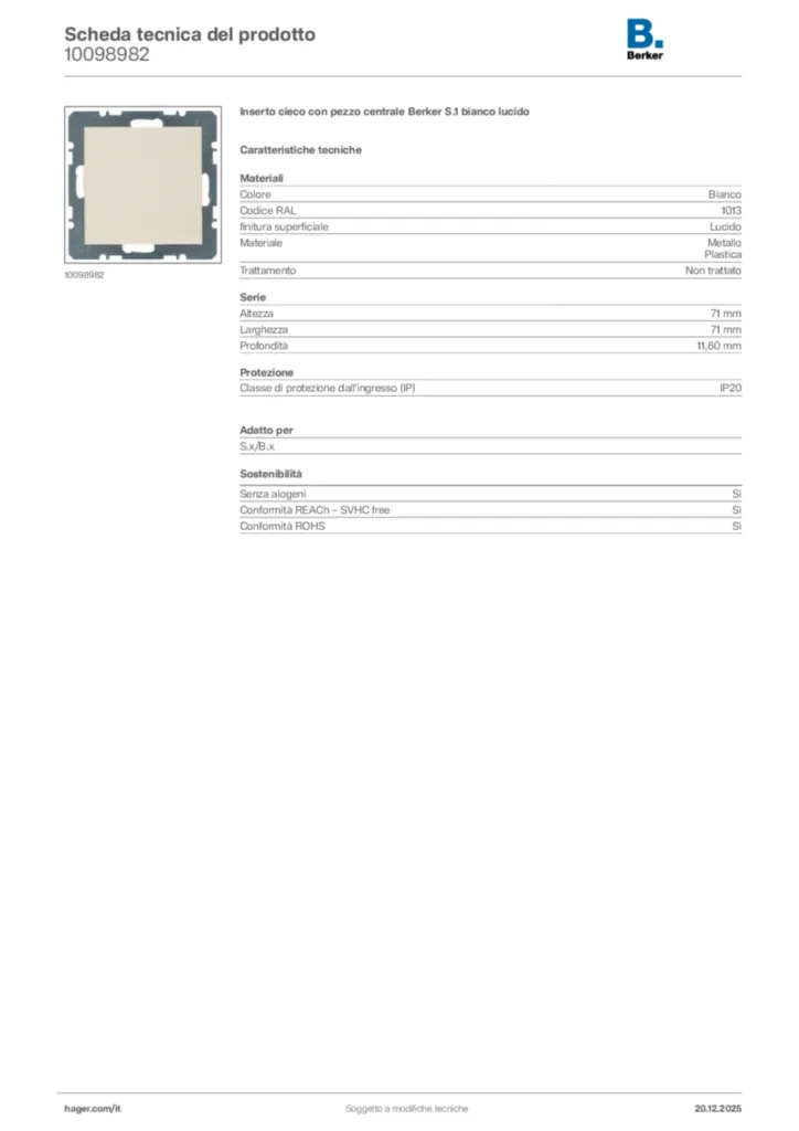 Immagine Berker Scheda tecnica del prodotto 10098982 | Hager Italia