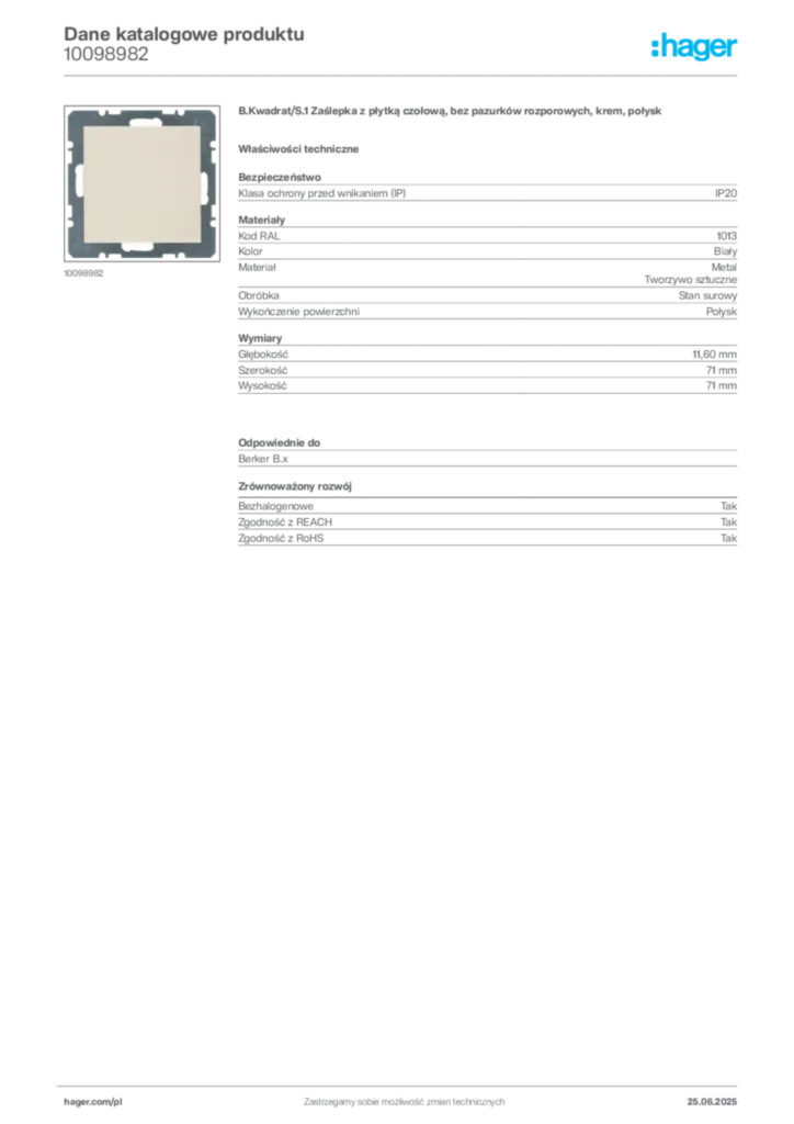 Zdjęcie Hager Karta katalogowa 10098982 | Hager Polska