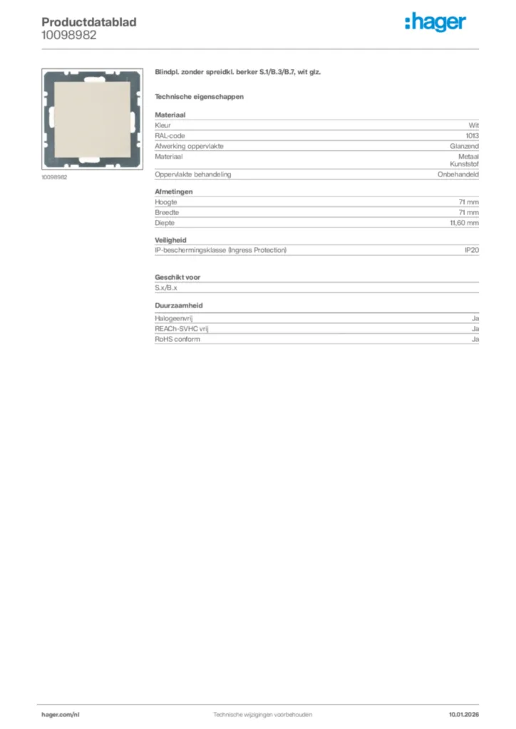 Afbeelding Hager Productdatablad 10098982 | Hager Nederland