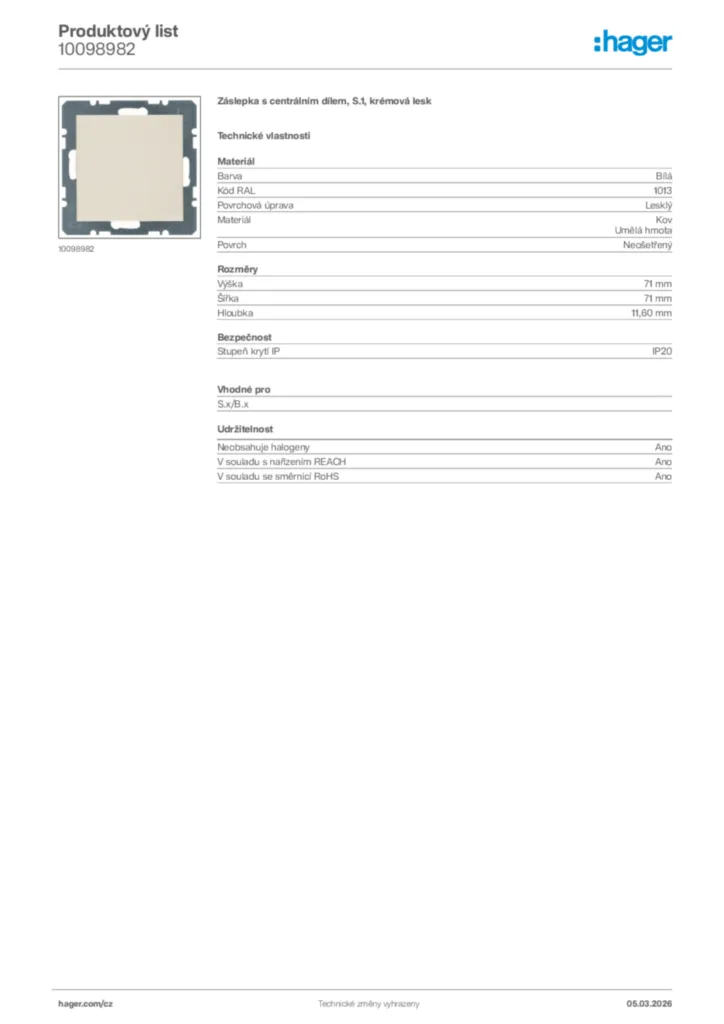 Obrázek Hager Product data sheet 10098982 | Hager