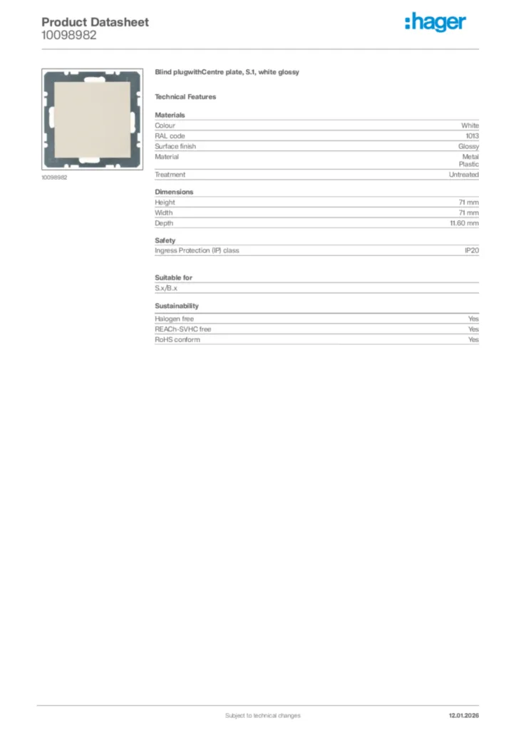 Image Hager Product data sheet 10098982  | Hager