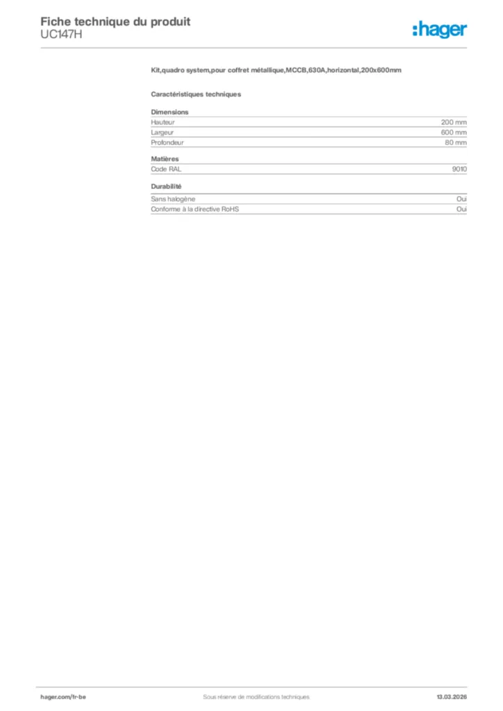 Image Hager Fiche technique du produit UC147H | Hager Belgique