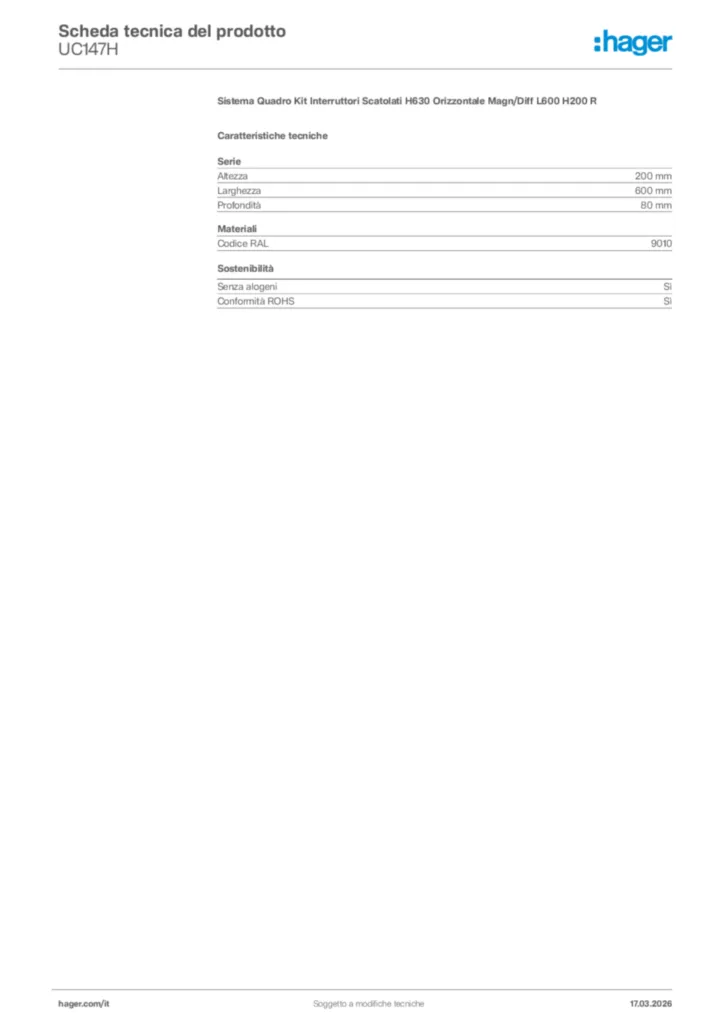 Immagine Hager Scheda tecnica del prodotto UC147H | Hager Italia