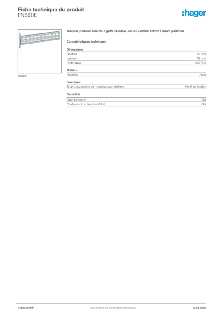 Image Hager Fiche technique du produit FN690E | Hager France