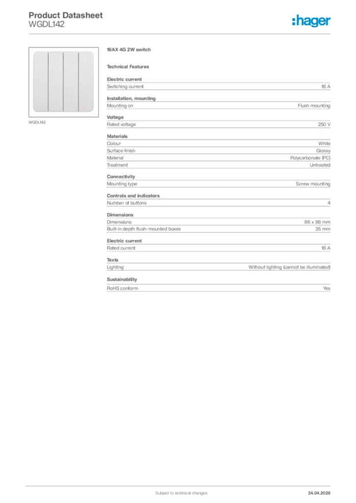 Image Hager Product data sheet WGDL142  | Hager Africa