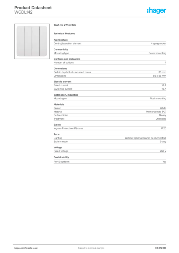 Image Hager Product data sheet WGDL142  | Hager
