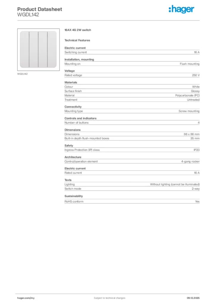 Image Hager Product data sheet WGDL142  | Hager