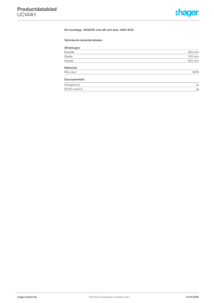 Afbeelding Hager Productdatablad UC144H | Hager Belgium