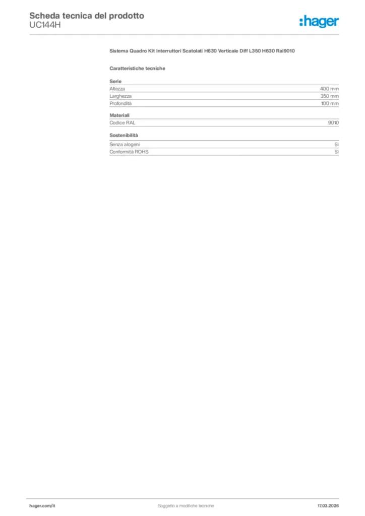 Immagine Hager Scheda tecnica del prodotto UC144H | Hager Italia