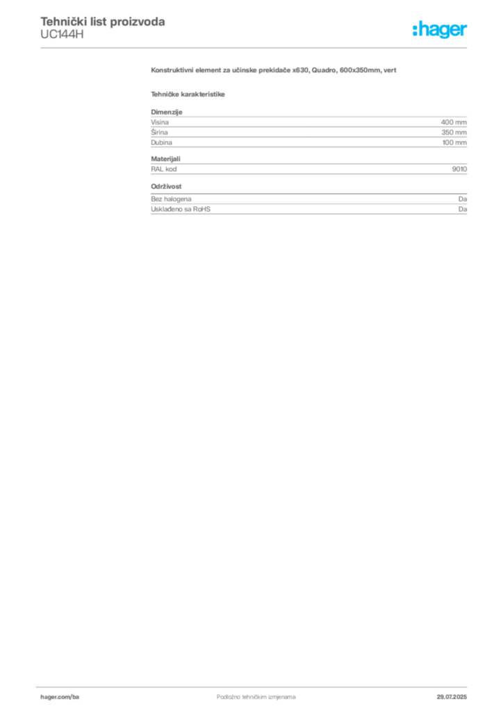 Slika Hager Product data sheet UC144H  | Hager