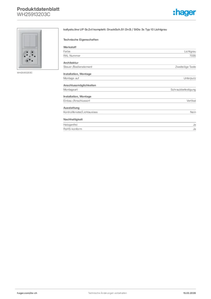 Bild Hager Produktdatenblatt WH25913203C | Hager Schweiz