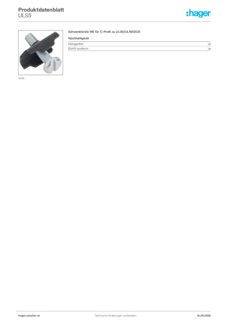 Bild Hager Produktdatenblatt ULS5 | Hager Schweiz