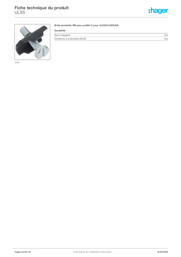 Image Hager Fiche technique du produit ULS5 | Hager Suisse