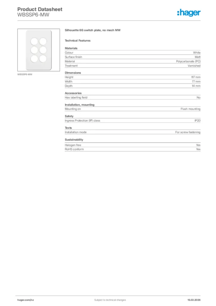 Image Hager Product data sheet WBSSP6-MW  | Hager New Zealand