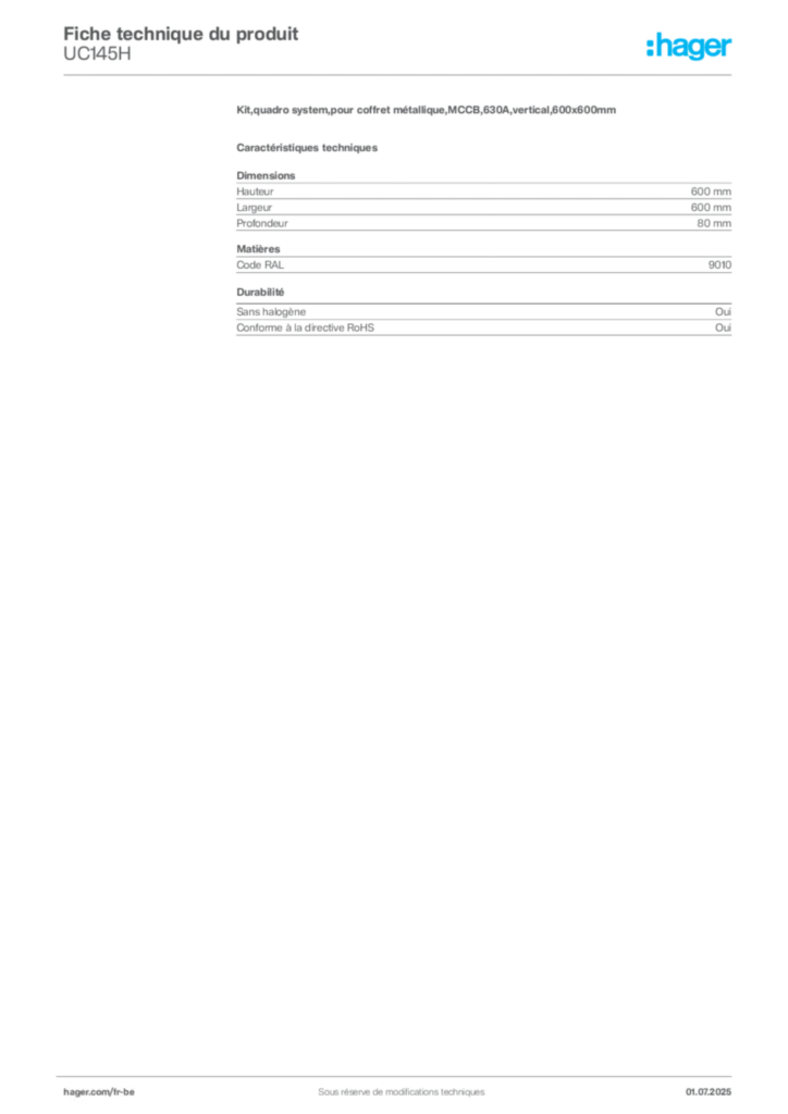 Image Hager Fiche technique du produit UC145H | Hager Belgique