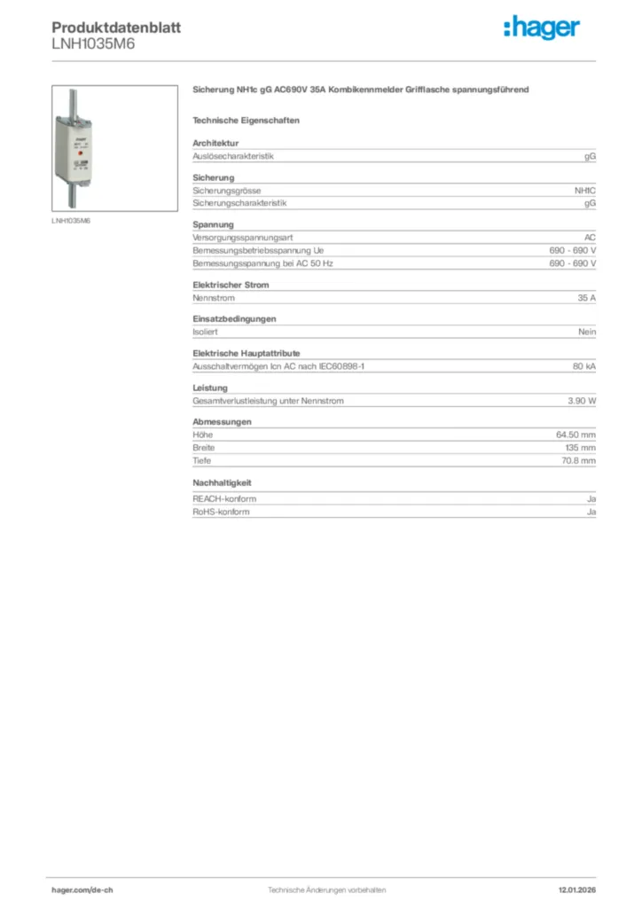 Bild Hager Produktdatenblatt LNH1035M6 | Hager Schweiz
