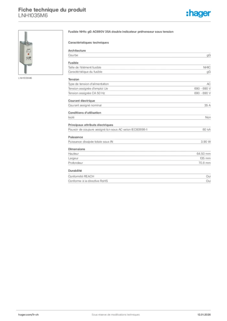 Image Hager Fiche technique du produit LNH1035M6 | Hager Suisse