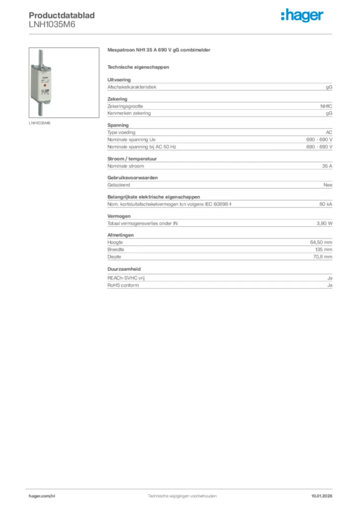 Afbeelding Hager Productdatablad LNH1035M6 | Hager Nederland