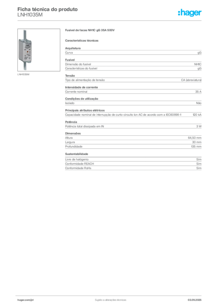 Imagem Hager Ficha técnica do produto LNH1035M | Hager Portugal