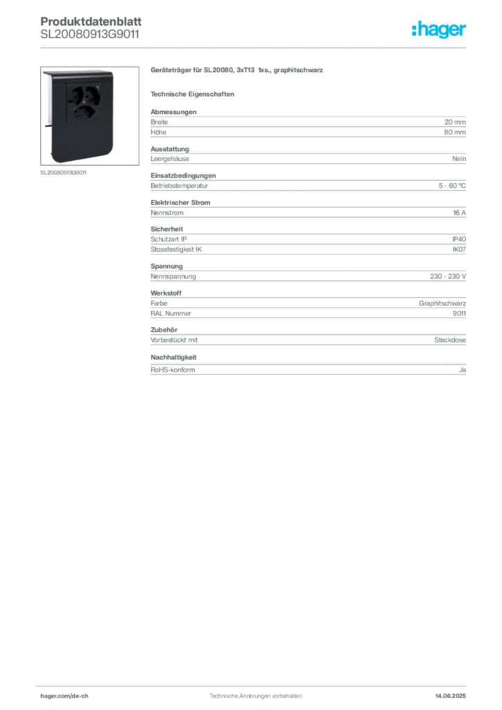 Bild Hager Produktdatenblatt SL20080913G9011 | Hager Schweiz