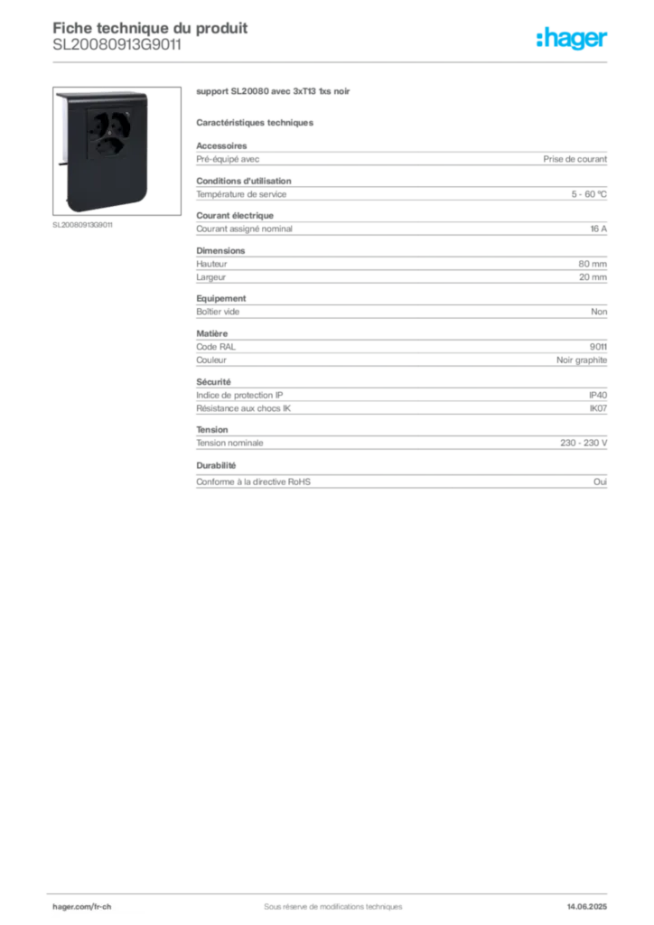 Image Hager Fiche technique du produit SL20080913G9011 | Hager Suisse